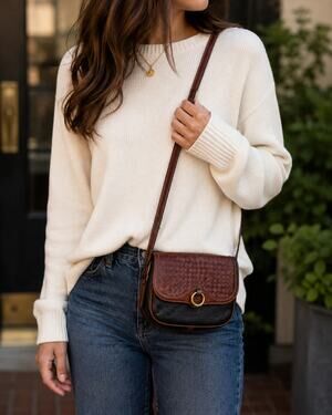Bally Vintage Woven Leather Crossbody Bag Black Brown Saddle Swiss Made
